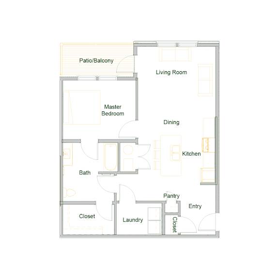 An apartment floor plan with a living room, dining room, kitchen, pantry, bath, closet, laundry, and master bedroom.