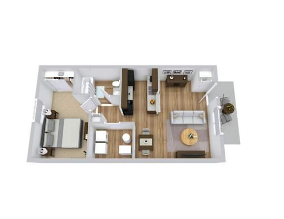 3d floor plan of a 1 bedroom apartment