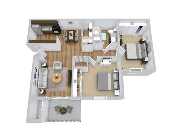 A 3D floor plan of a 2 bedroom apartment