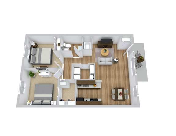 A 3D floor plan of a 2 bedroom apartment