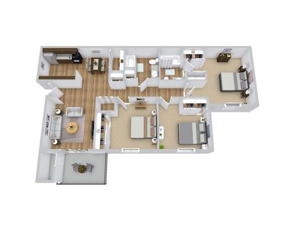 a 3d floor plan of a 3 bedroom apartment
