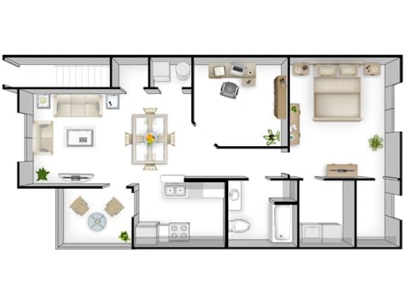 A floor plan of a house with a kitchen, living room, dining room, and bathroom.