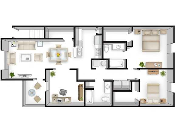 A floor plan of a house with a kitchen, living room, and bedrooms.