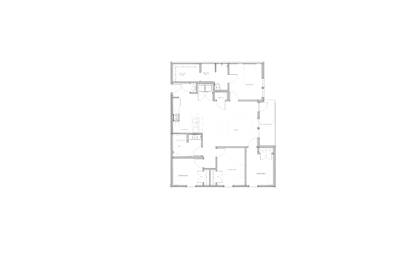 A 4 bedroom apartment floor plan with a master bedroom, kitchen, dining, and living room with a patio/balcony
