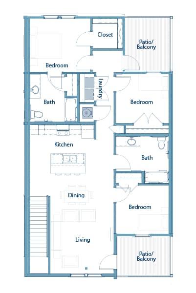 A floor plan of an apartment with a living room, dining room, kitchen, and bedrooms.