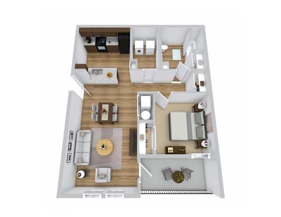 A top-down view of a modern apartment layout.