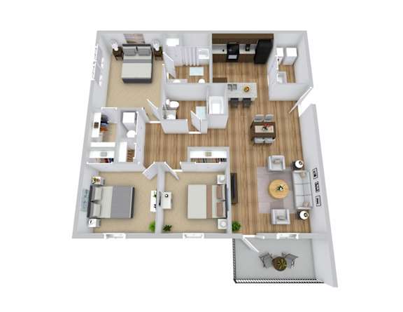 A top-down view of a house layout with a kitchen, living room, and dining area.