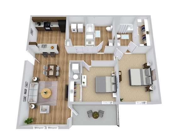 A top-down view of a house layout with a central living area, bedrooms, and bathrooms.
