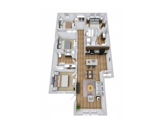 A floor plan of a house with a living room, kitchen, dining room, and two bedrooms.