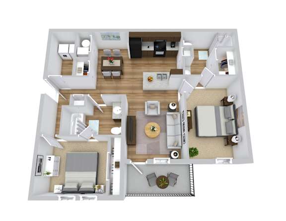 A top-down view of a two-story house with a living room, kitchen, and bedrooms.