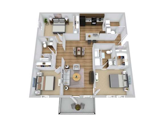 A top-down view of a house layout with a living room, kitchen, dining area, and bedrooms.