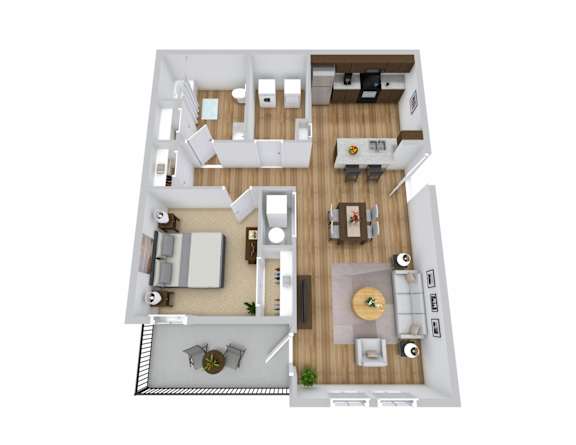 A top-down view of a house interior with a kitchen, living room, and dining area.