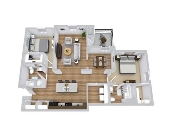 A 3D floor plan of a house with a kitchen, living room, dining room, and two bedrooms.