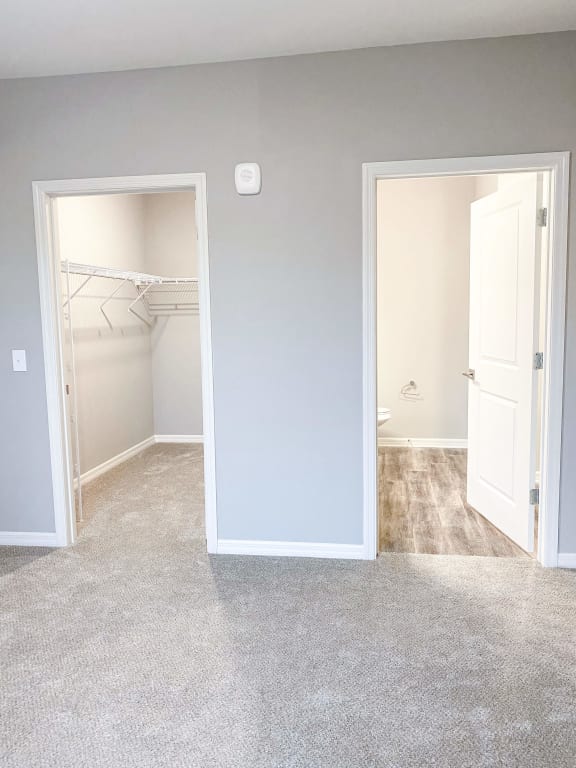 an empty bedroom with a closet and an open door to a closet