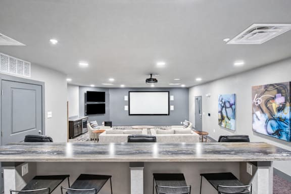 a movie room with couches and chairs with a movie projector