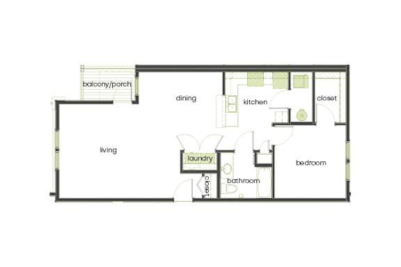 A floor plan of a house with a living room, dining room, kitchen, laundry, bathroom, and bedroom.
