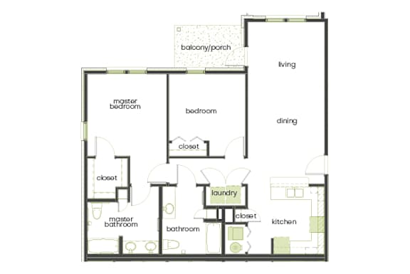 A floor plan of a house with a living room, dining room, kitchen, and multiple bathrooms.