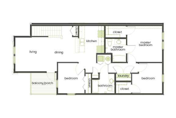 A floor plan of a house with a living room, dining room, kitchen, and several bedrooms.