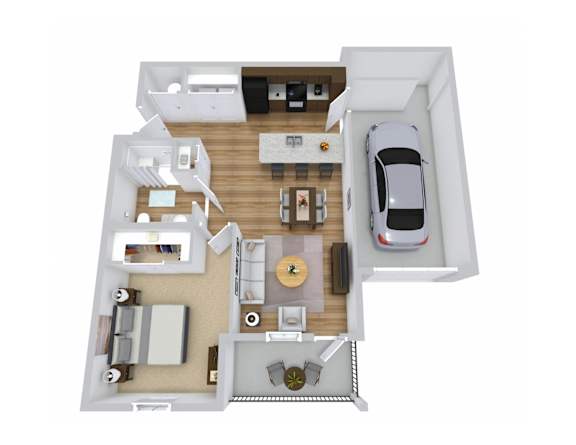 A top down view of a house with a car parked in the driveway.