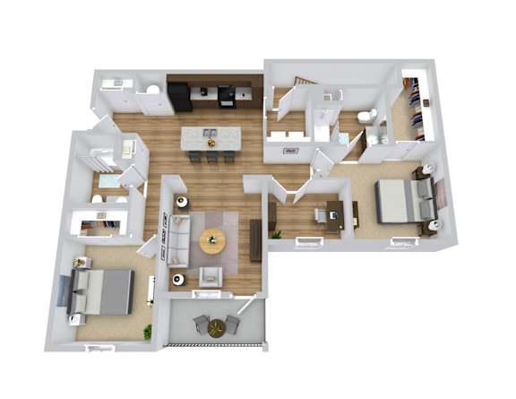 A top down view of a house layout with a living room, dining room, kitchen, and bedrooms.