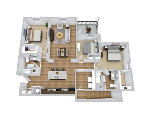 A 3D floor plan of a house with multiple rooms and furniture.