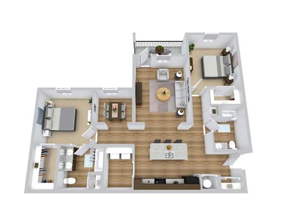 A 3D rendered image of a house layout.