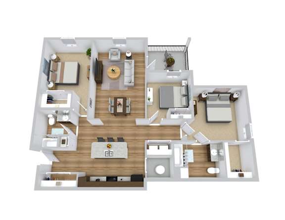 A top-down view of a house layout with a kitchen, living room, and bedrooms.