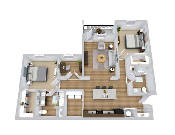 A 3D rendered image of a house layout.