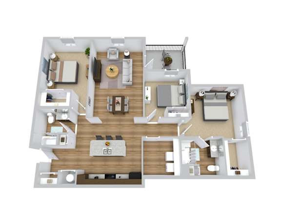 A top-down view of a house layout with a central kitchen and living room area.