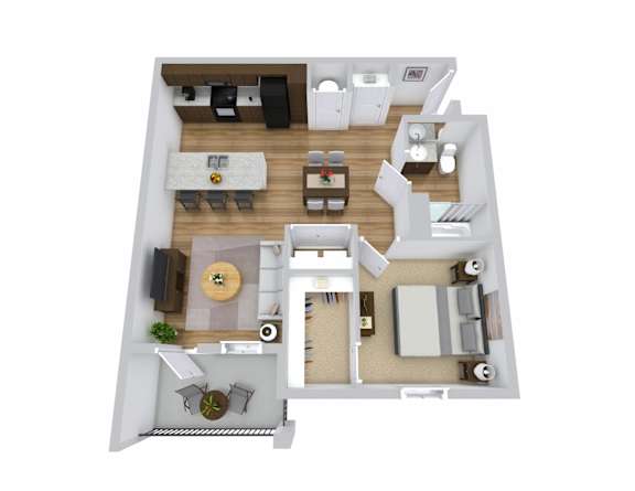 A top-down view of a modern apartment layout with a kitchen, living room, and dining area.