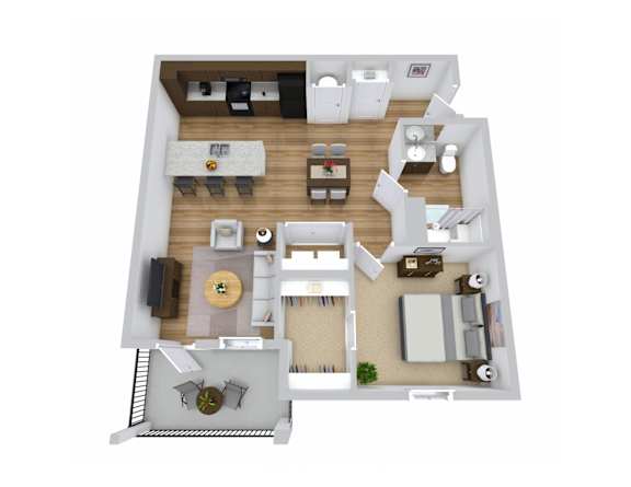 A 3D floor plan of a house with a living room, kitchen, dining room, and bedrooms.