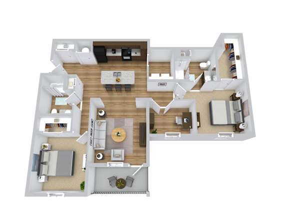 A floor plan of a house with a living room, dining room, kitchen, and two bedrooms.