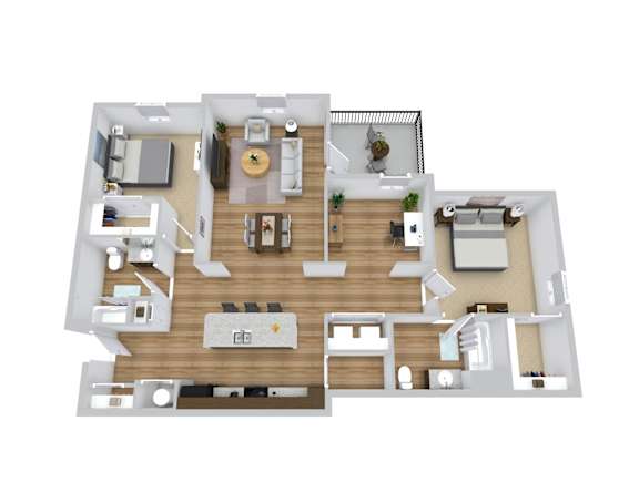 A 3D floor plan of a house showing the layout of the rooms.