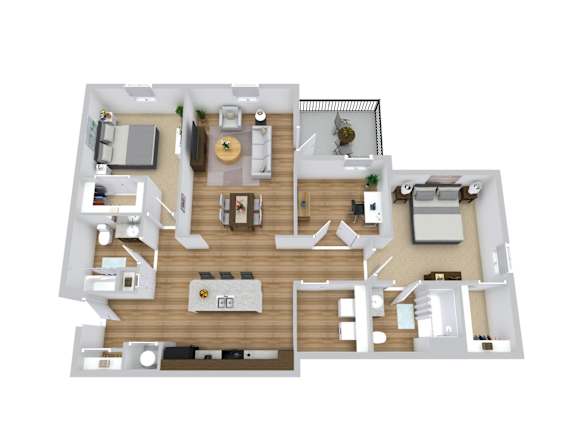 A 3D floor plan of a house with a kitchen, living room, and bedrooms.