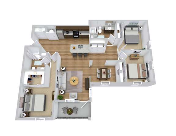 A top-down view of a house layout with a kitchen, living room, and bedrooms.