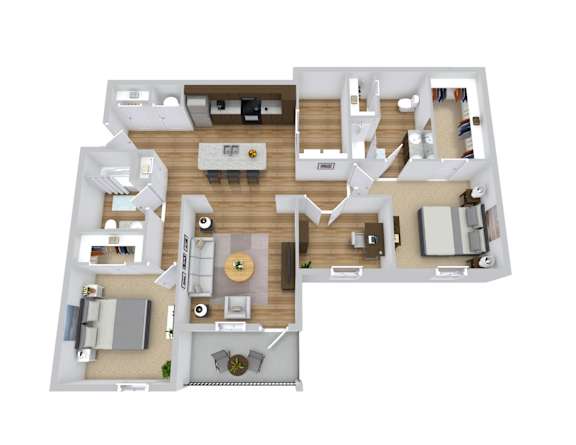 A top-down view of a house layout with a central living area, bedrooms, and bathrooms.