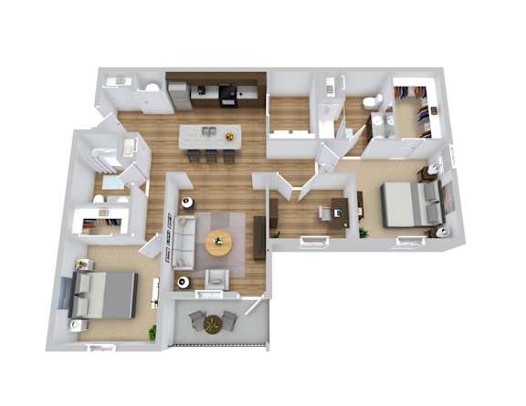 A floor plan of a house with a living room, dining room, kitchen, and two bedrooms.