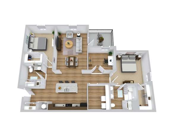 A top-down view of a house layout with a kitchen, living room, dining room, and bedrooms.