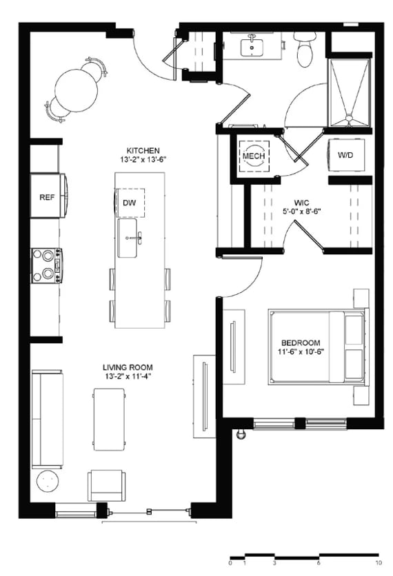 A floor plan of a small apartment with a living room, bedroom, and kitchen.