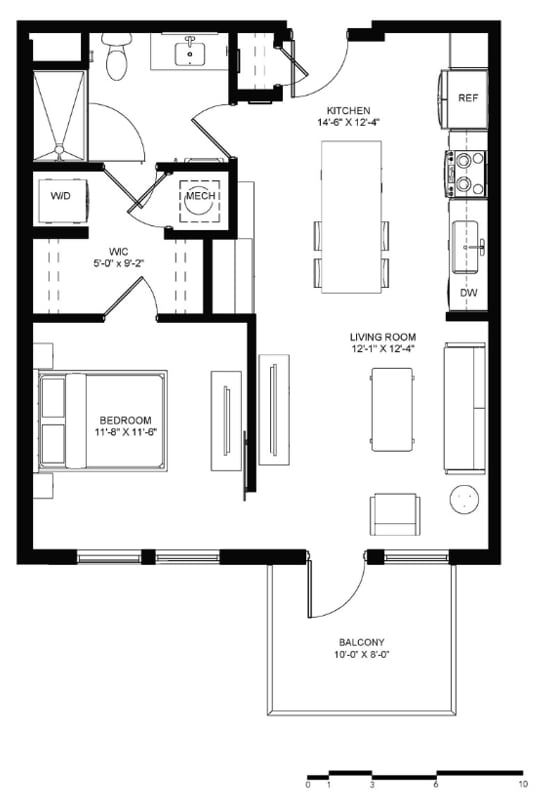 A floor plan of a house with a living room, dining room, kitchen, and two bedrooms.