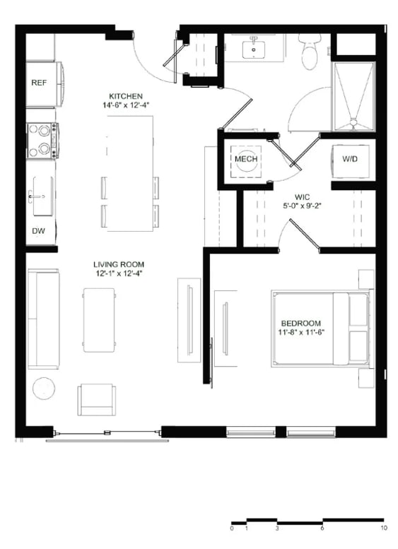 A black and white floor plan of a house with a kitchen, living room, and bedrooms.