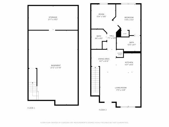 A floor plan for a home with two bedrooms, two bathrooms, a living room, a kitchen, and a storage area.