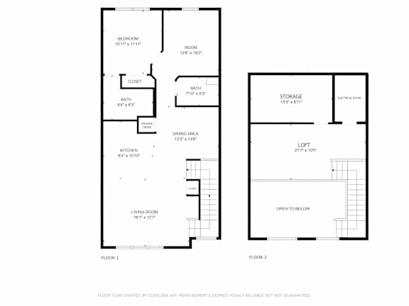A floor plan for a home with two bedrooms, a living room, a dining area, a kitchen, a bathroom, a storage area, and an open space below.