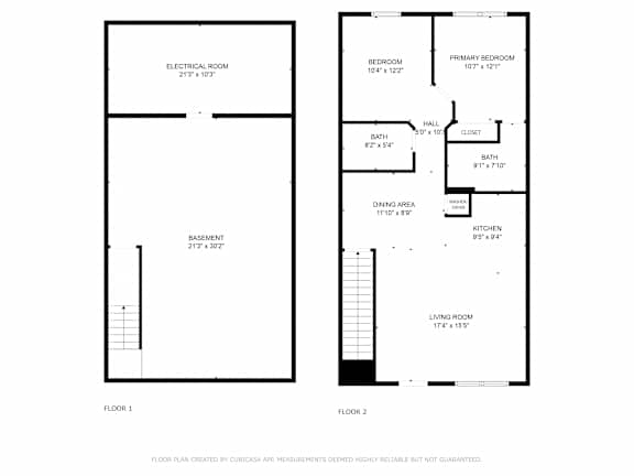 A floor plan for a home with two bedrooms, two bathrooms, and a living area.