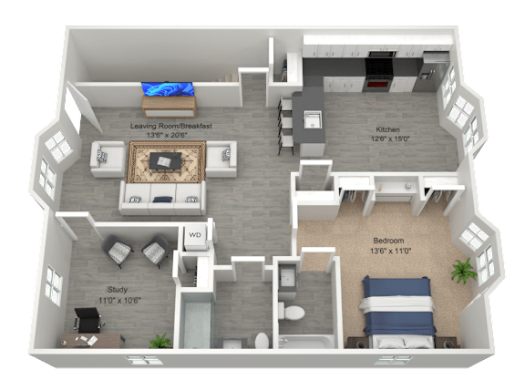A 3D rendered image of a house layout with a kitchen, living room, study, and bedroom.
