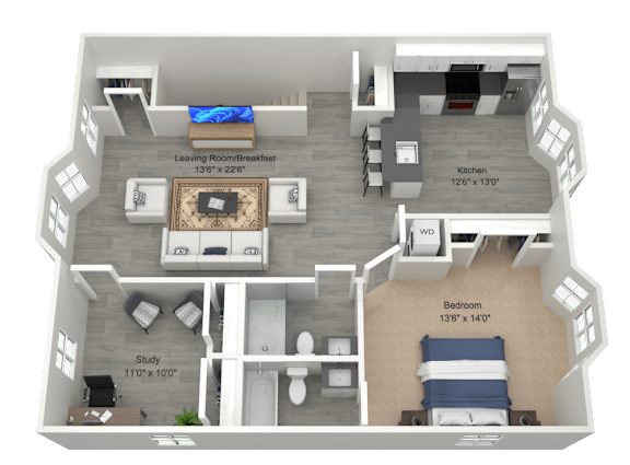 A 3D floor plan of a small apartment with a living room, kitchen, study, and bedroom.