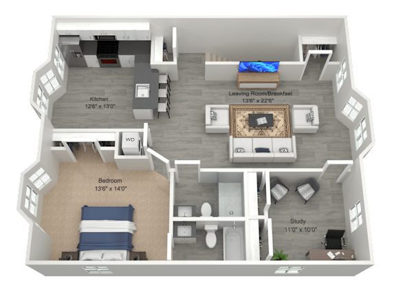 A 3D floor plan of a house showing a kitchen, dining area, study, and bedrooms.