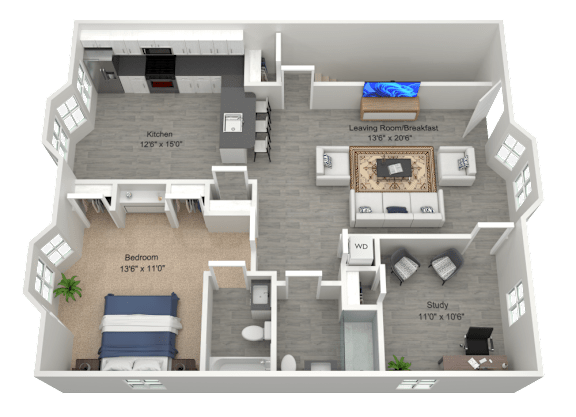 A 3D rendered image of a house layout with labeled rooms.