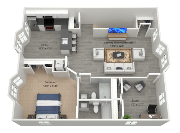 A 3D floor plan of a house showing a kitchen, dining area, study, and bedrooms.