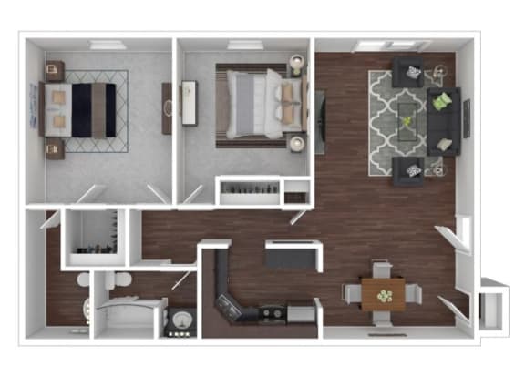 two bedrooms one and a half bathrooms 950 square feet floor plans at Station JTown, Louisville, KY
